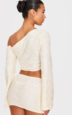 New PrettyLittleThing Textured Sequin Long Sleeve Top Cream