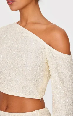 New PrettyLittleThing Textured Sequin Long Sleeve Top Cream