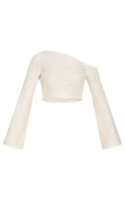 New PrettyLittleThing Textured Sequin Long Sleeve Top Cream