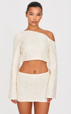 PrettyLittleThing Textured Sequin Micro Mini Skirt Cream
