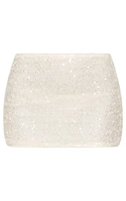 PrettyLittleThing Textured Sequin Micro Mini Skirt Cream