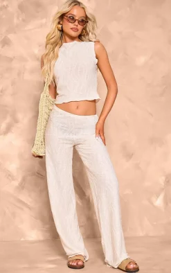 Outlet PrettyLittleThing Textured Straight Leg Pants Cream