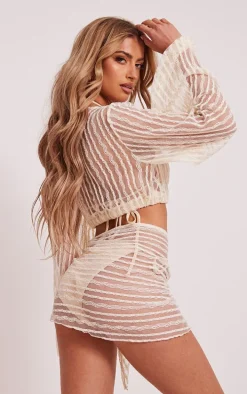 Cream Textured Tie Front Beach Top