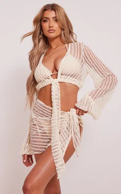 Cream Textured Tie Front Beach Top