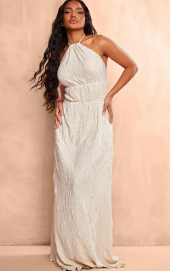 Textured Tiered Halterneck Maxi Dress-PrettyLittleThing Outlet