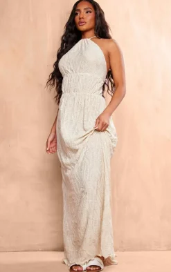 Textured Tiered Halterneck Maxi Dress-PrettyLittleThing Outlet