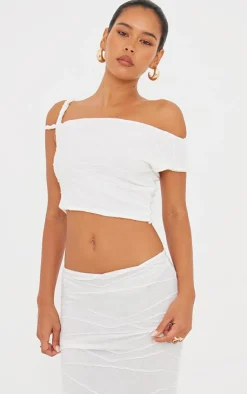 Best PrettyLittleThing Textured Twist Detail Off The Shoulder Top Cream