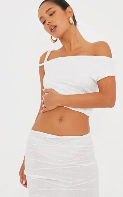 Best PrettyLittleThing Textured Twist Detail Off The Shoulder Top Cream