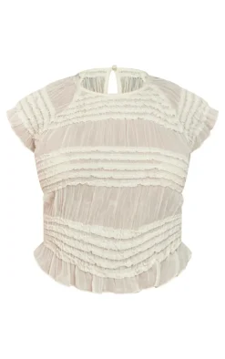 Discount PrettyLittleThing Textured Woven Cap Sleeve Crop Top Cream