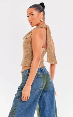 PrettyLittleThing Sleeveless Tops*Textured Woven Cowl Boned Long Top