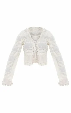 Hot PrettyLittleThing Textured Woven Frill Tie Long Top Cream