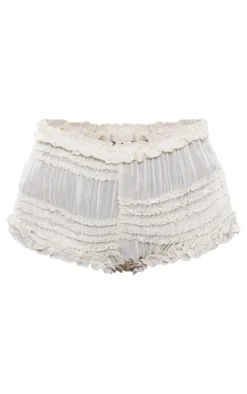 Online PrettyLittleThing Textured Woven Frill Hot Pants Cream