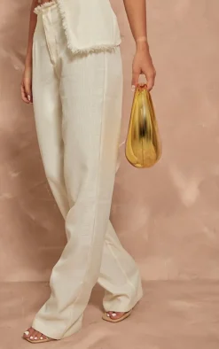 Sale PrettyLittleThing Textured Woven Raw Hem Low Rise Straight Leg Pants Cream