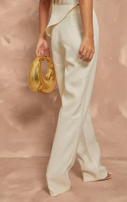 Sale PrettyLittleThing Textured Woven Raw Hem Low Rise Straight Leg Pants Cream