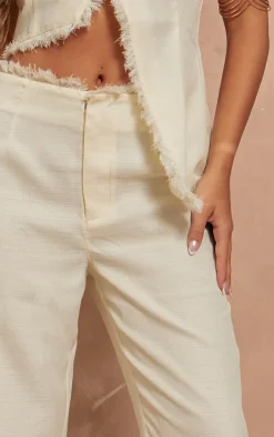 Sale PrettyLittleThing Textured Woven Raw Hem Low Rise Straight Leg Pants Cream