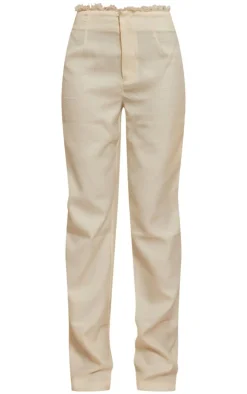Sale PrettyLittleThing Textured Woven Raw Hem Low Rise Straight Leg Pants Cream