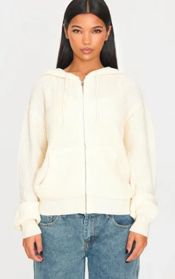 Cream Thick Rib Knit Zip Up Hoodie