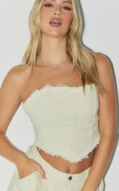 Discount PrettyLittleThing Tie Back Raw Edge Handkerchief Denim Top Cream