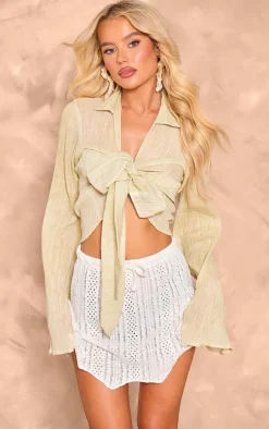 Discount PrettyLittleThing Tie Waist Textured Mini Skirt Cream