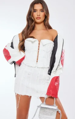 Discount PrettyLittleThing Tint Distressed Hook And Eye Fold Over Bandeau Top Cream