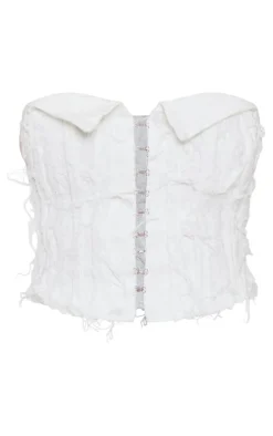Discount PrettyLittleThing Tint Distressed Hook And Eye Fold Over Bandeau Top Cream