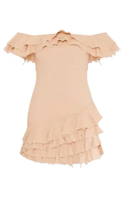 Twill Bardot Frayed Edge Tiered Shift Dress-PrettyLittleThing Sale