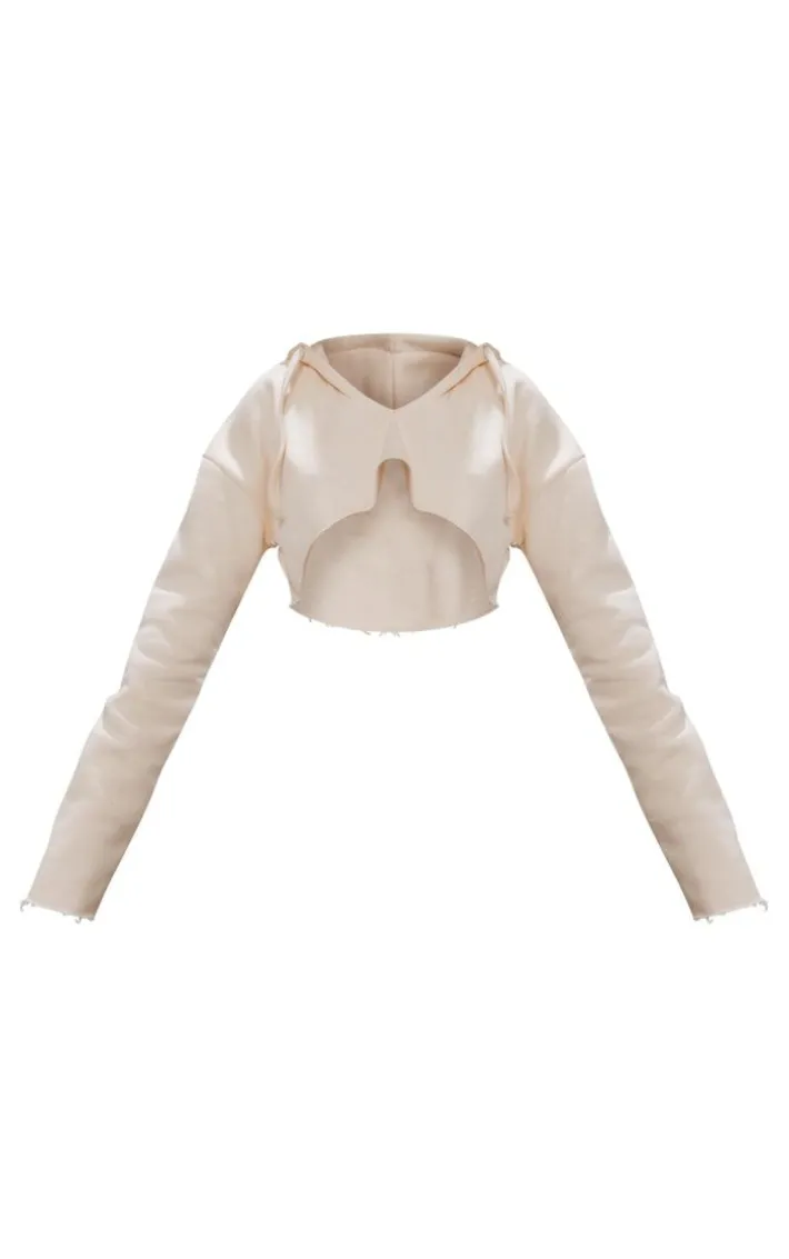 Cream V Neck Raw Hem Cropped Hoodie