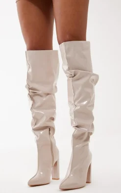 PrettyLittleThing High Heels*Vinyl Point Toe Seam Detail Over The Knee High Block Heeled Boots
