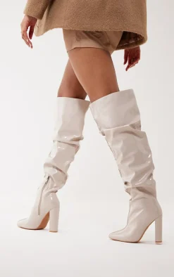 PrettyLittleThing High Heels*Vinyl Point Toe Seam Detail Over The Knee High Block Heeled Boots