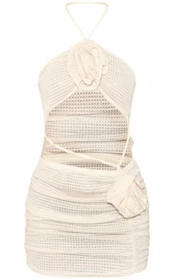 Waffle Texture Halterneck Cut Out Flower Bodycon Dress-PrettyLittleThing New