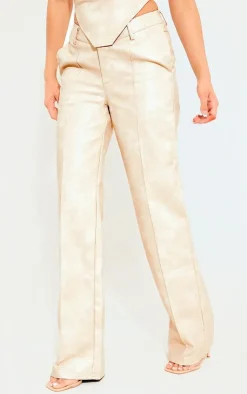 Online PrettyLittleThing Washed Faux Leather Dip Waist Flared Pants Cream
