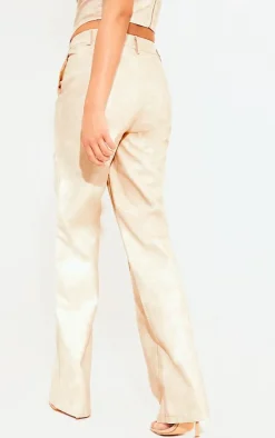 Online PrettyLittleThing Washed Faux Leather Dip Waist Flared Pants Cream
