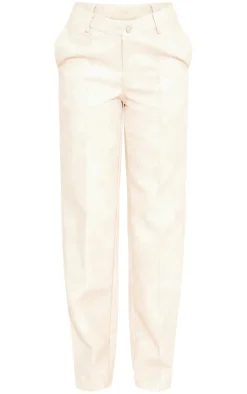 Online PrettyLittleThing Washed Faux Leather Dip Waist Flared Pants Cream