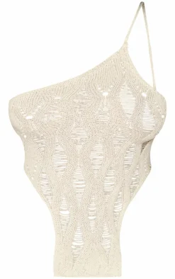 PrettyLittleThing Knitted Tops*Wave Knit Distressed Detail Asymmetric Top