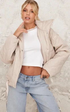 PrettyLittleThing Puffer Jackets*Wave Quilted Contrast Binding Longline Jacket