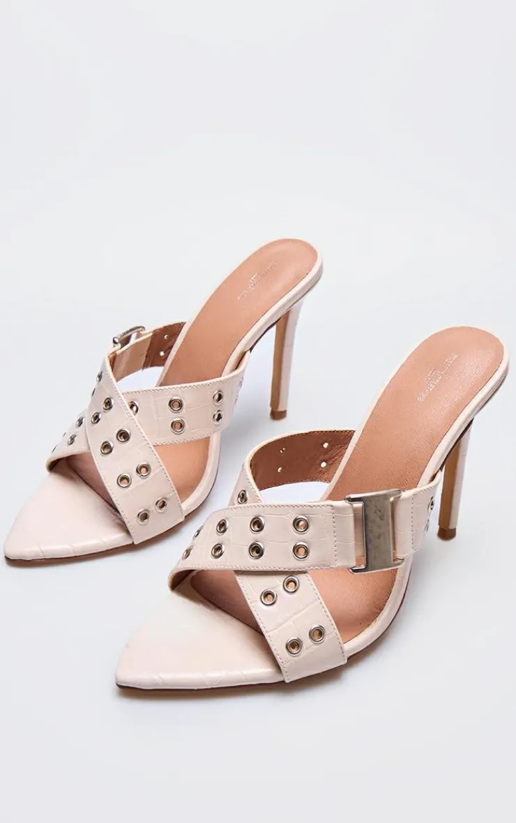 PrettyLittleThing Mules*Wide Fit Croc Pu Point Toe Buckle Detail Heeled Mules