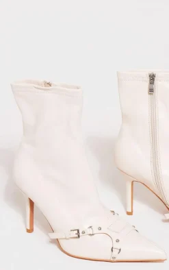 PrettyLittleThing Wide Fit Heels*Wide Fit Faux Leather Point Toe Buckle Detail Tab Ankle Heeled Boots