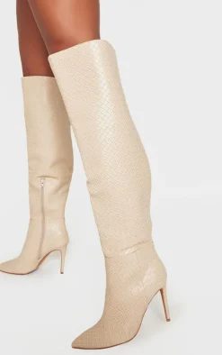 PrettyLittleThing Wide Fit Boots*Wide Fit Weave Pu Point Toe Over The Knee Heeled Boots
