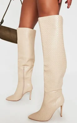 PrettyLittleThing Wide Fit Boots*Wide Fit Weave Pu Point Toe Over The Knee Heeled Boots