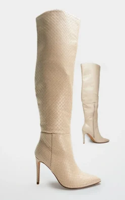 PrettyLittleThing Wide Fit Boots*Wide Fit Weave Pu Point Toe Over The Knee Heeled Boots