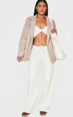 PrettyLittleThing Wide Leg Brushed Rib Drawstring Pants Cream
