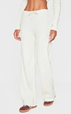 PrettyLittleThing Wide Leg Brushed Rib Drawstring Pants Cream