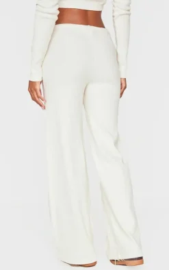 PrettyLittleThing Wide Leg Brushed Rib Drawstring Pants Cream