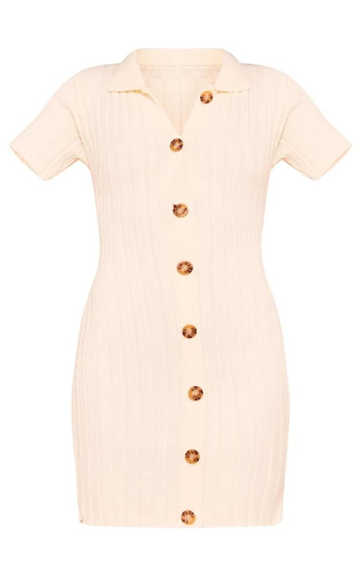 Wide Rib Knit Button Mini Dress-PrettyLittleThing Clearance