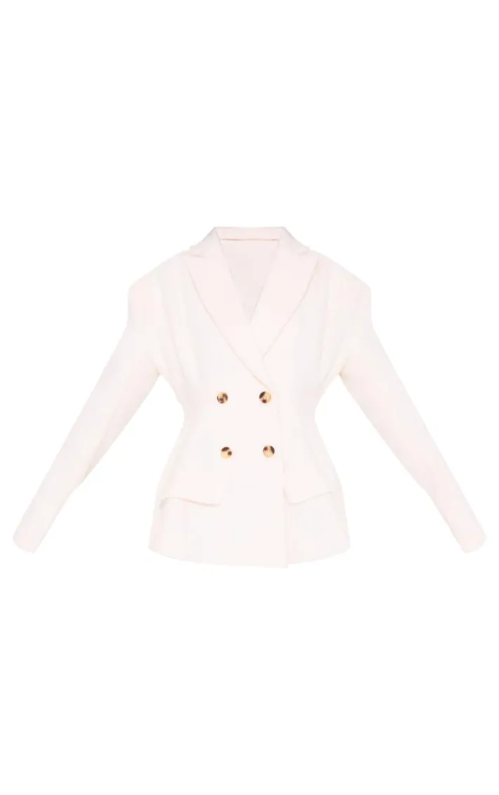Cream Wool Look Cinched Waist Structured Blazer