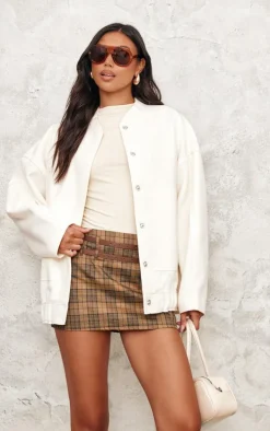 Cream Wool Look Longline Bomber Jacket