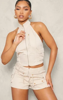 Best PrettyLittleThing Woven Cargo High Neck Fitted Top Cream