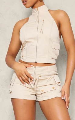 Best PrettyLittleThing Woven Cargo High Neck Fitted Top Cream