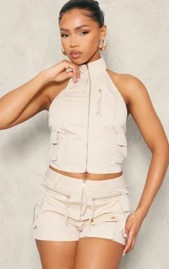 Sale PrettyLittleThing Woven Cargo Zip Front Hot Pants Cream