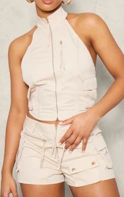 Sale PrettyLittleThing Woven Cargo Zip Front Hot Pants Cream
